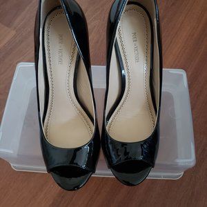 Pour La Victoire Black Peep Toe Patent Leather Heels